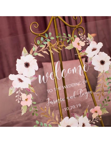 Tableau de bienvenue Mariage Plexiglass Couronne de fleurs roses