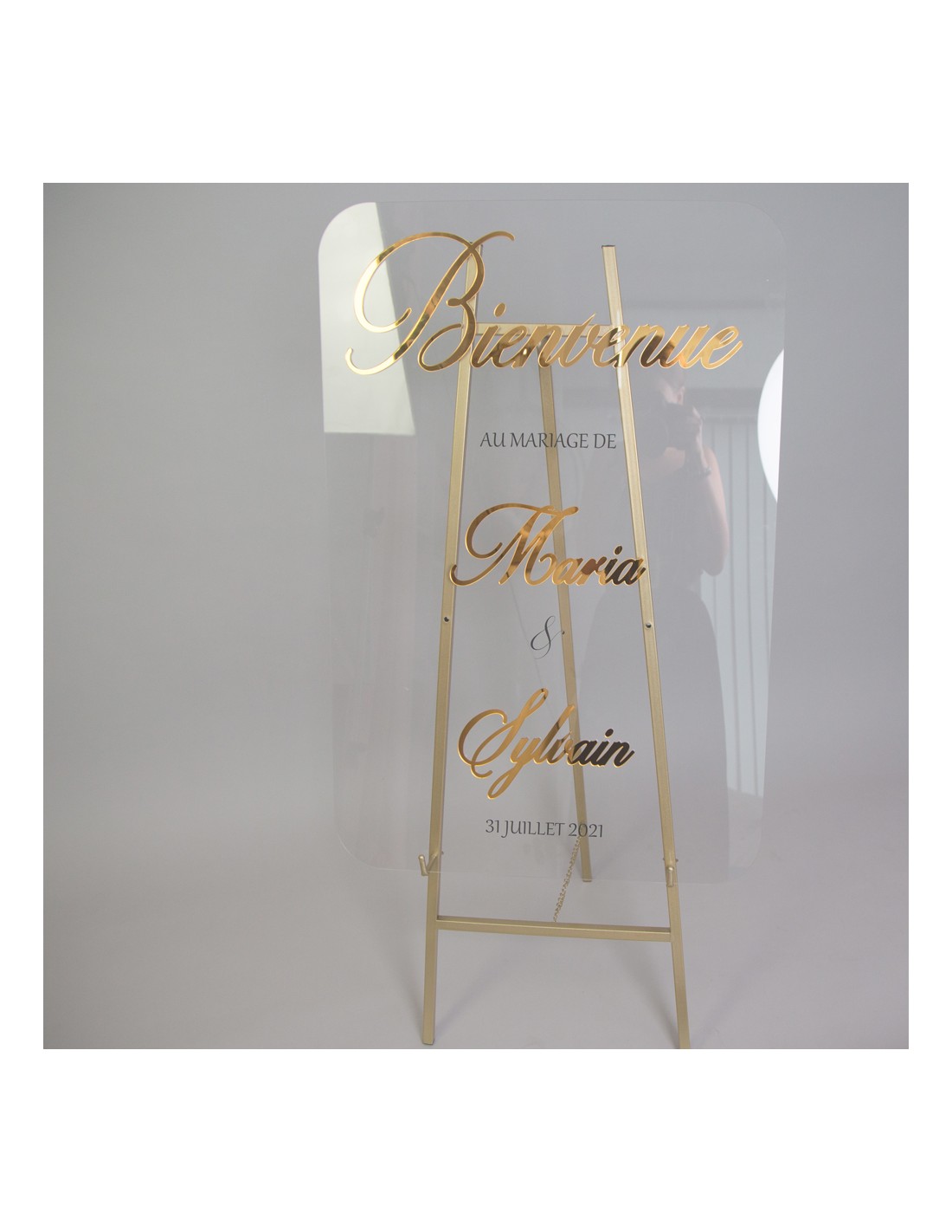 Tableau de Bienvenue Mariage Plexiglas avec mots en relief couleur or