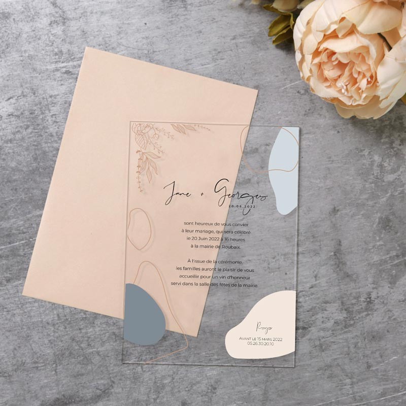 Faire-Part mariage transparent doré - Enveloppe personnalisée noir