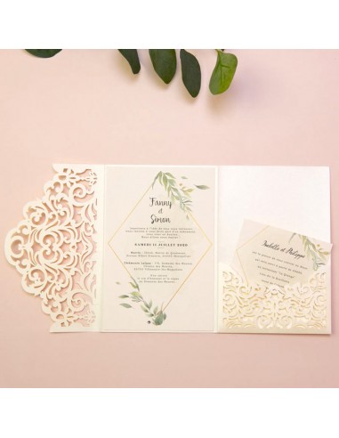 Faire-part de mariage pochette effet calque + carte invitation