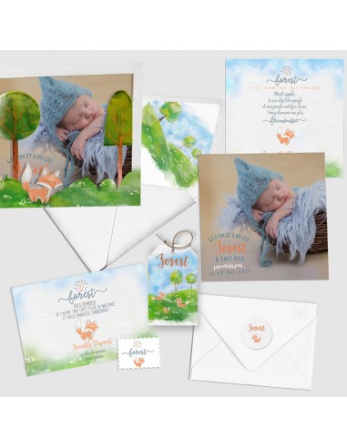 Étiquette naissance Forêt renards -... Étiquette naissance Forêt renards -...