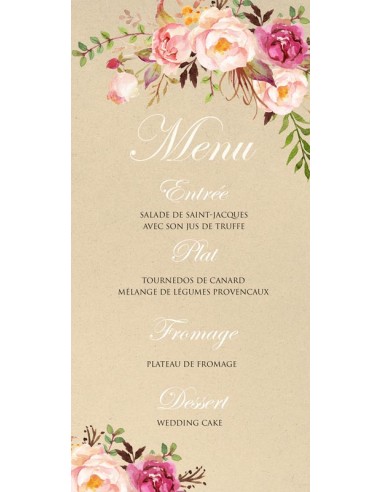 Menu Mariage roses florales -...