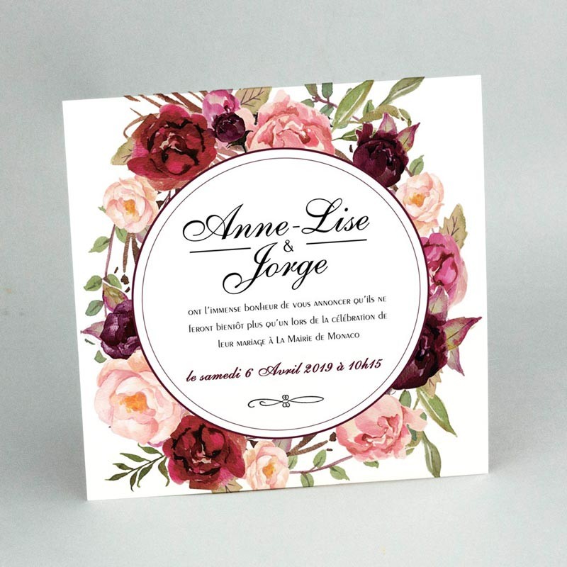 Faire-part Mariage Roses Bordeaux Pèche - Collection Rosie